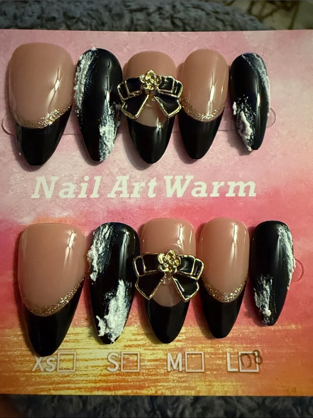 Nude and Black Bow Accent handmade acrylic Press-On Nail Set